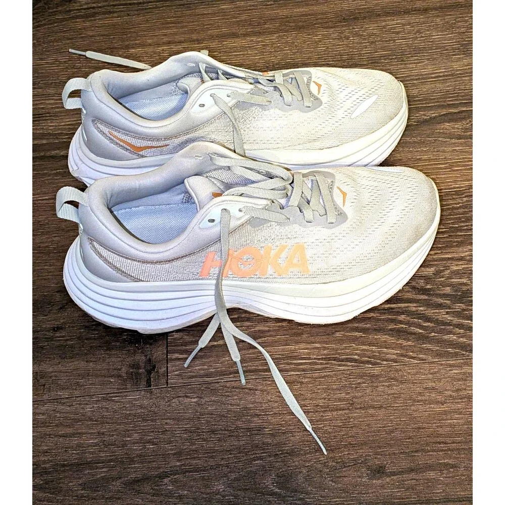 HOKA Bondi 8 Women's Running Shoes/Beige & Orange/ Mesh Low Top Lace-Up/Size 9D